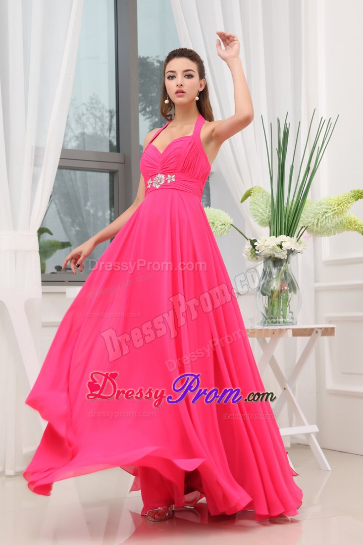 Beaded and Ruched Empire Halter Prom Celebrity Dress in Hot Pink