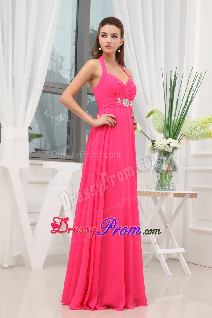 Beaded and Ruched Empire Halter Prom Celebrity Dress in Hot Pink