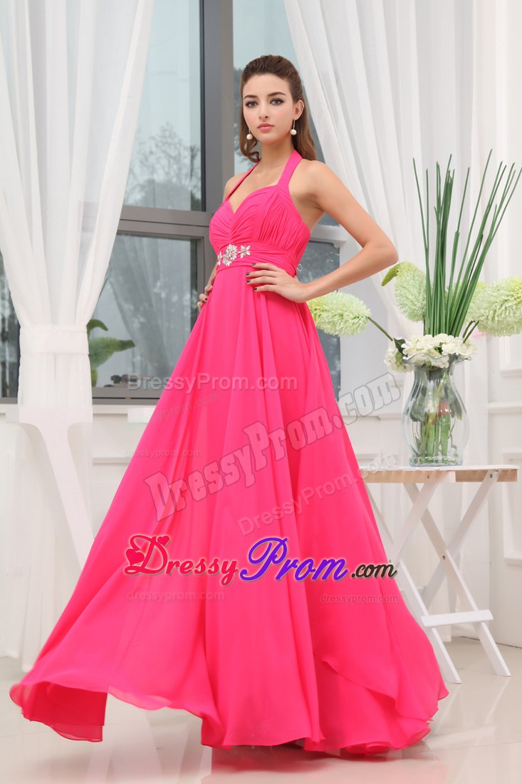 Beaded and Ruched Empire Halter Prom Celebrity Dress in Hot Pink