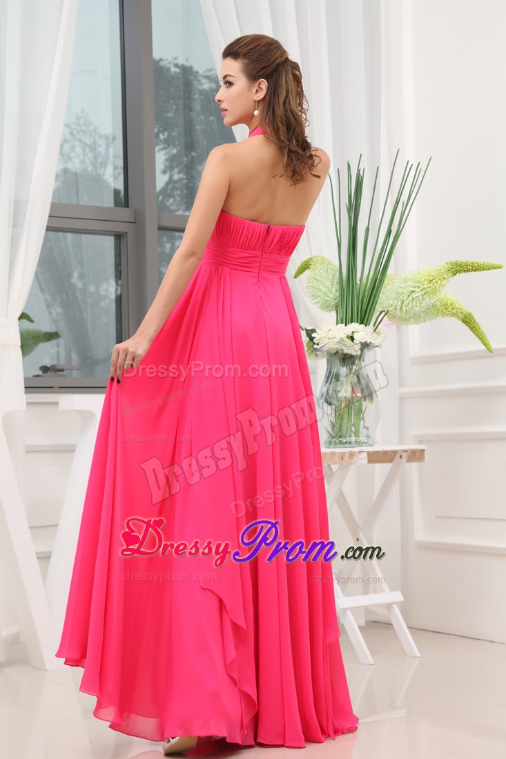 Beaded and Ruched Empire Halter Prom Celebrity Dress in Hot Pink