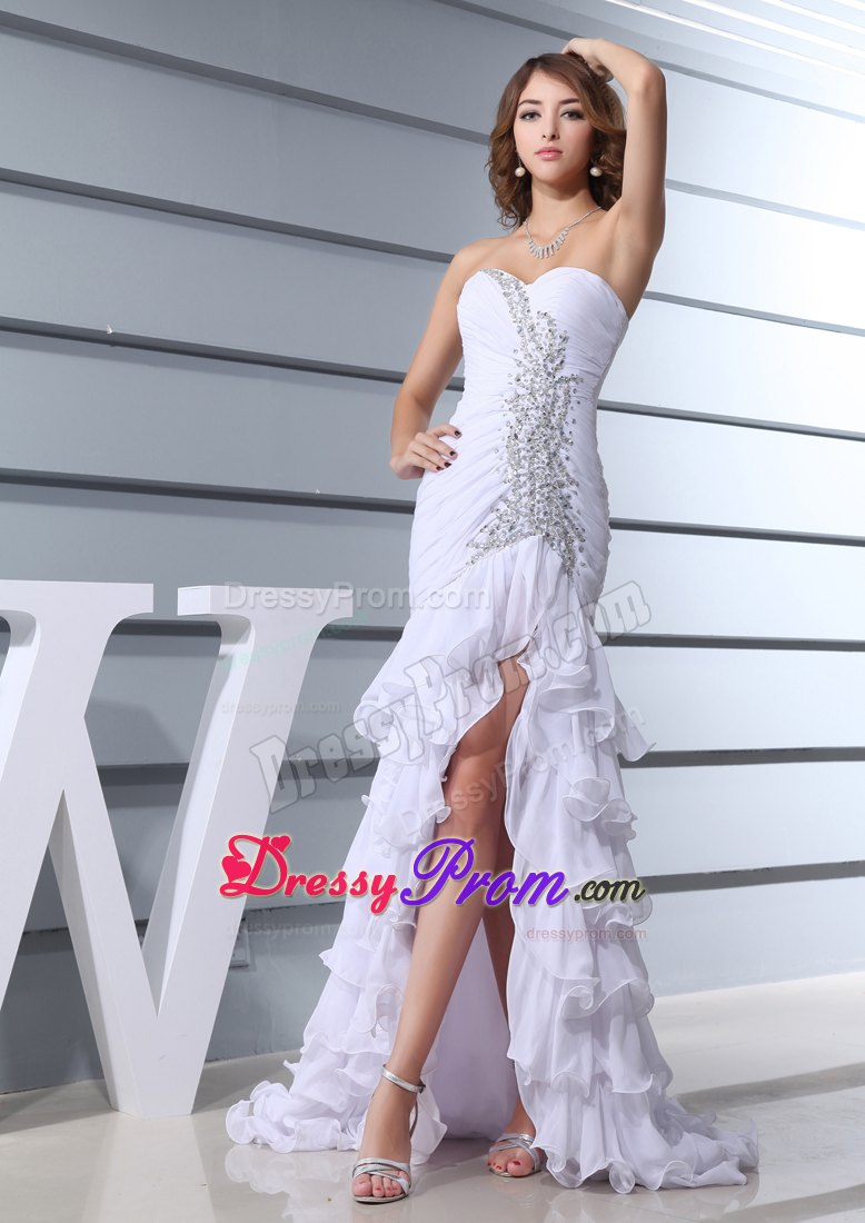 Sweetheart Brush Train Beaded Ruffled Prom Gowns in White