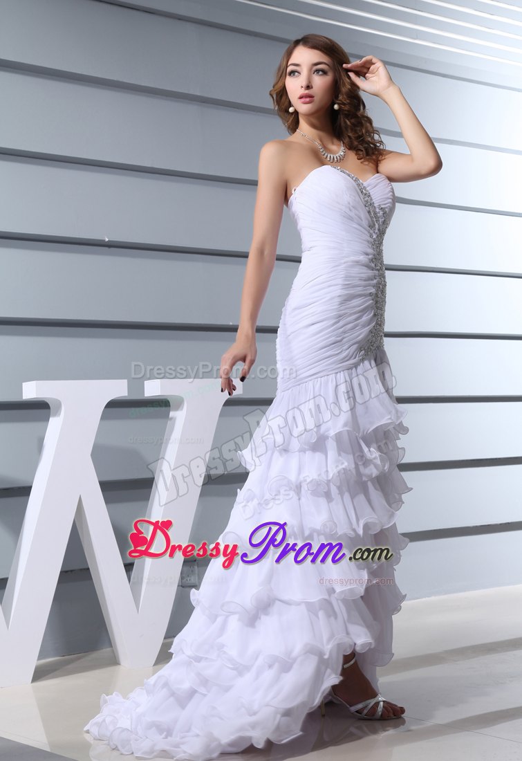 Sweetheart Brush Train Beaded Ruffled Prom Gowns in White