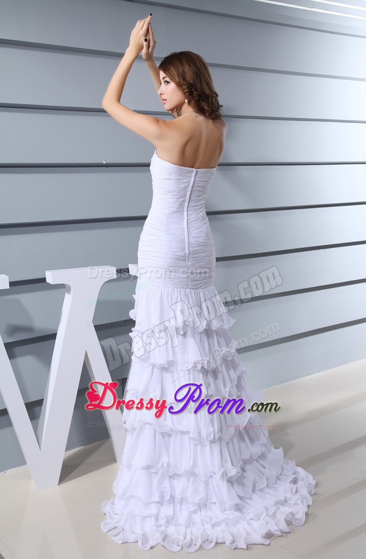 Sweetheart Brush Train Beaded Ruffled Prom Gowns in White