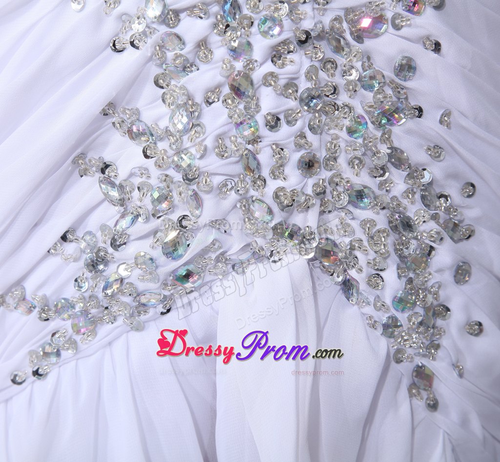 Sweetheart Brush Train Beaded Ruffled Prom Gowns in White