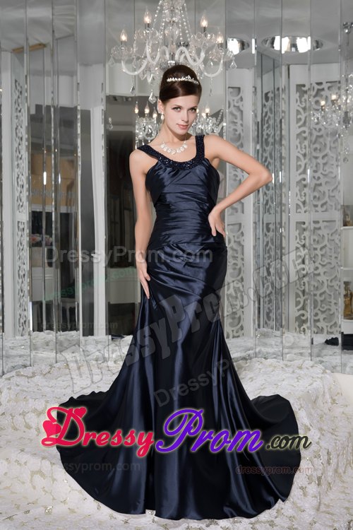 Ruching Beading Straps Brush Train Prom Dresses in Navy Blue 2014