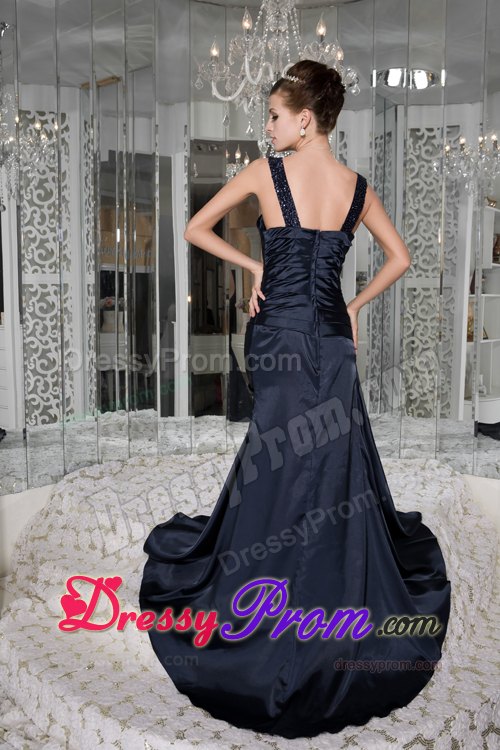 Ruching Beading Straps Brush Train Prom Dresses in Navy Blue 2014
