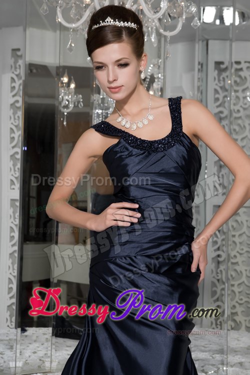 Ruching Beading Straps Brush Train Prom Dresses in Navy Blue 2014