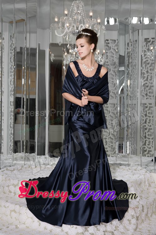 Ruching Beading Straps Brush Train Prom Dresses in Navy Blue 2014