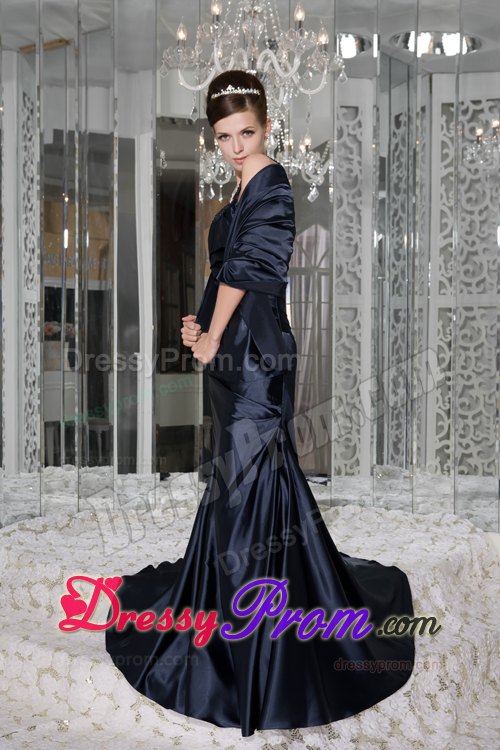 Ruching Beading Straps Brush Train Prom Dresses in Navy Blue 2014
