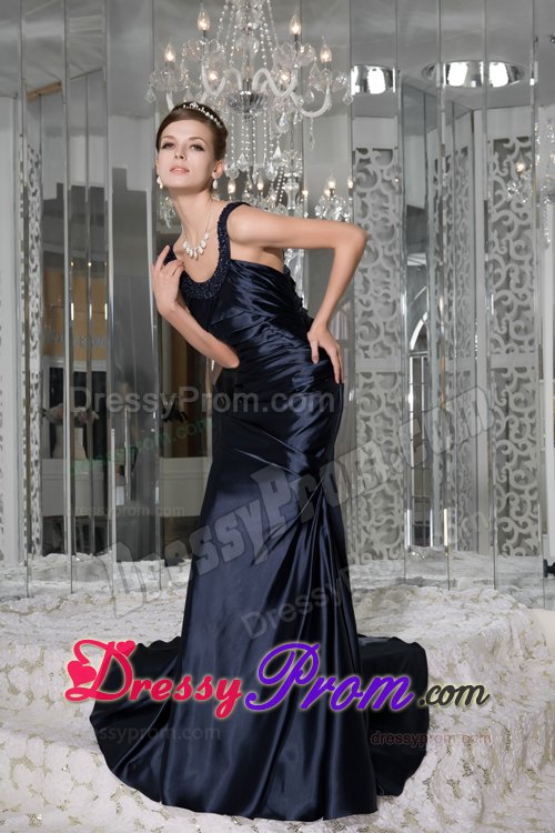 Ruching Beading Straps Brush Train Prom Dresses in Navy Blue 2014