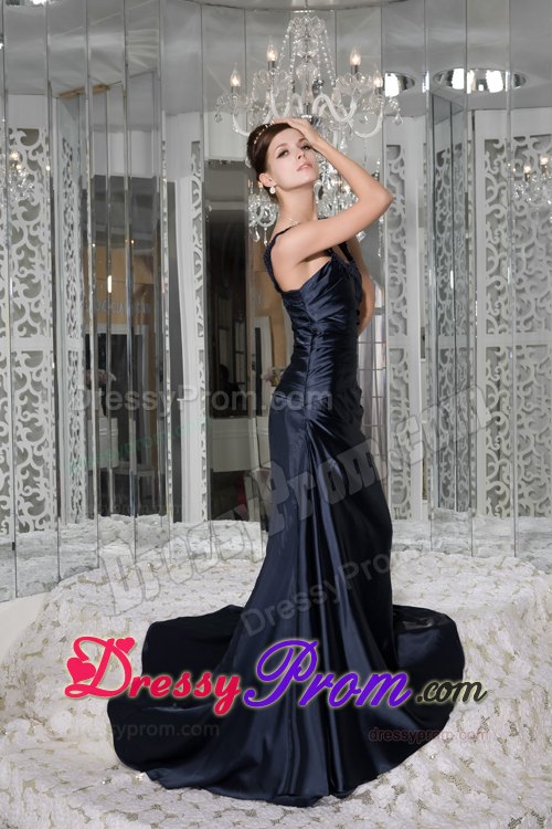 Ruching Beading Straps Brush Train Prom Dresses in Navy Blue 2014