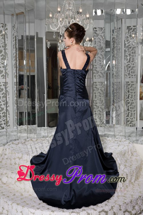 Ruching Beading Straps Brush Train Prom Dresses in Navy Blue 2014