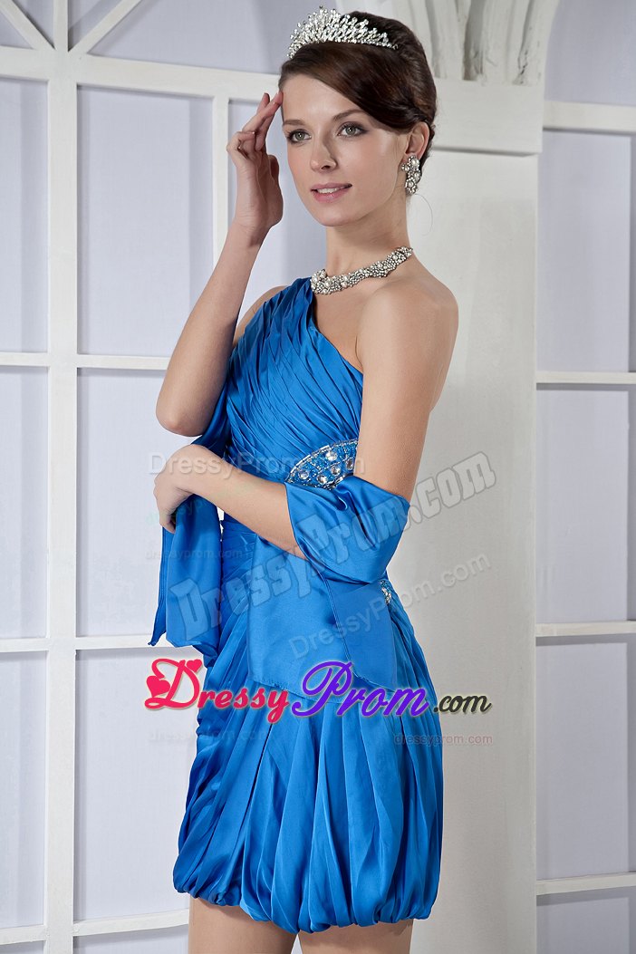Beaded and Ruched Blue One Shoulder Mini Prom Graduation Dresses
