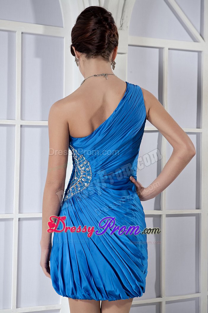 Beaded and Ruched Blue One Shoulder Mini Prom Graduation Dresses
