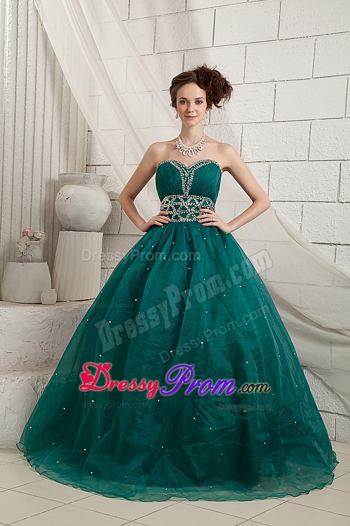 Green A-line Beaded Organza Prom Holiday Dresses of Floor Length