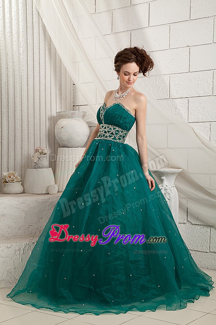 Green A-line Beaded Organza Prom Holiday Dresses of Floor Length
