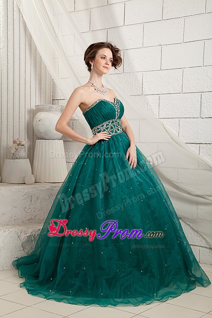 Green A-line Beaded Organza Prom Holiday Dresses of Floor Length