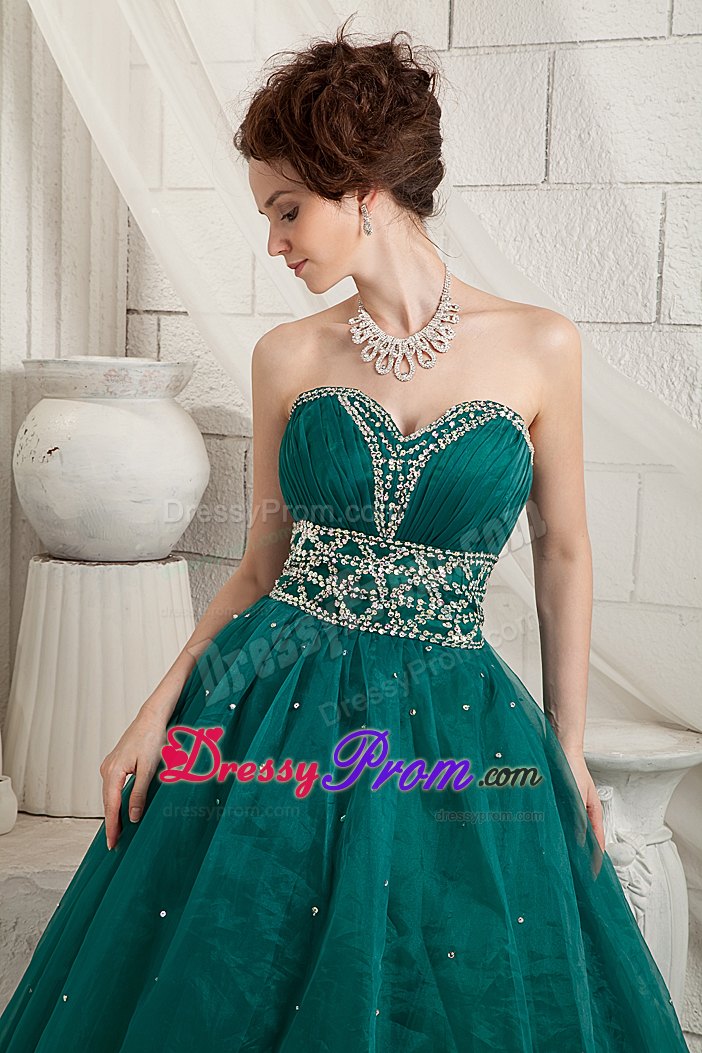 Green A-line Beaded Organza Prom Holiday Dresses of Floor Length