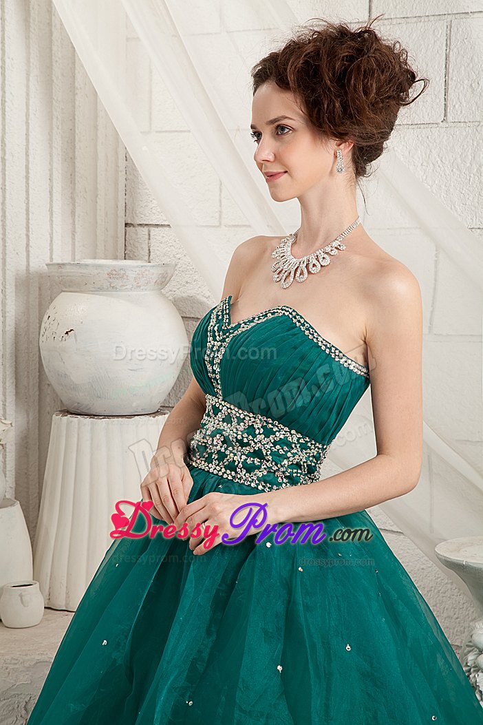 Green A-line Beaded Organza Prom Holiday Dresses of Floor Length
