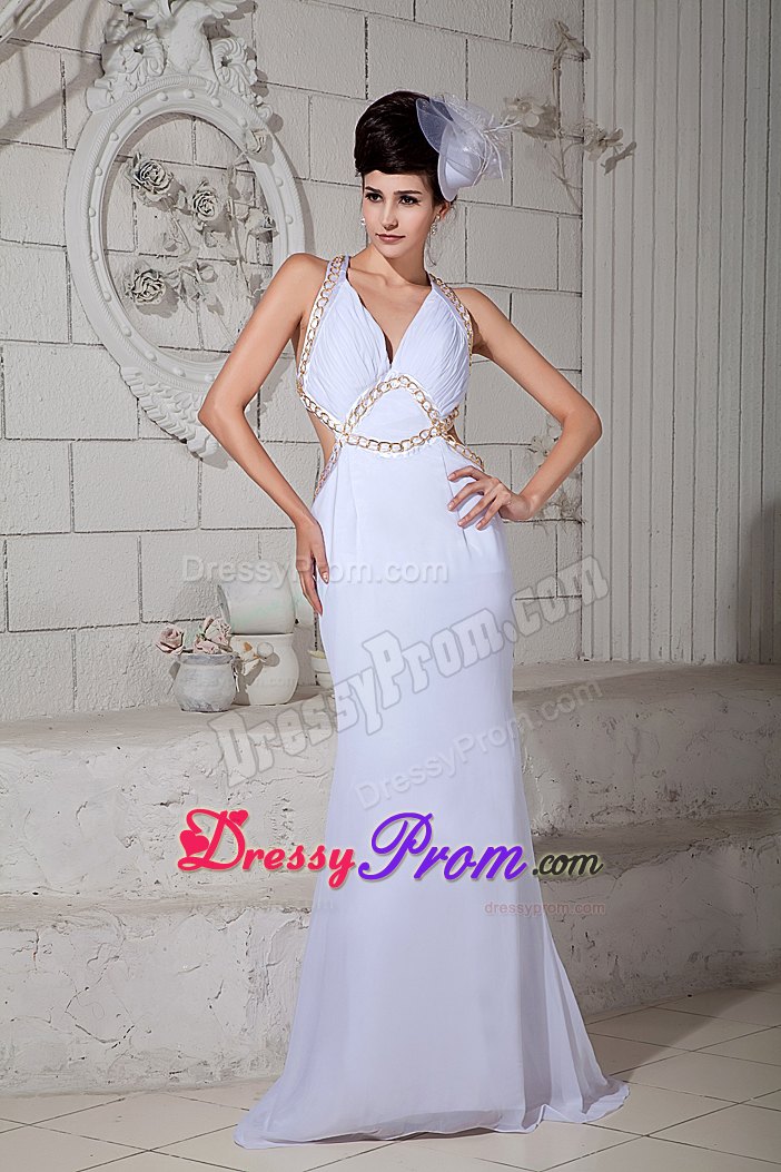 Beaded and Ruched V-neck Prom Holiday Dress with Criss Cross Back