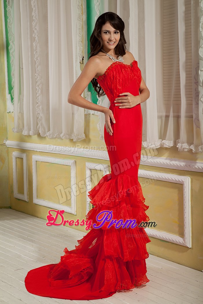Alaska Popular Red Mermaid Sweetheart Brush Train Prom Gowns