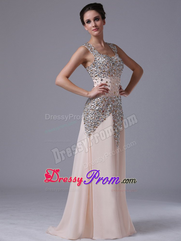 Champagne Chiffon Rhinestones Prom Gowns with Square Neck