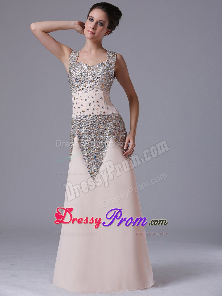 Champagne Chiffon Rhinestones Prom Gowns with Square Neck