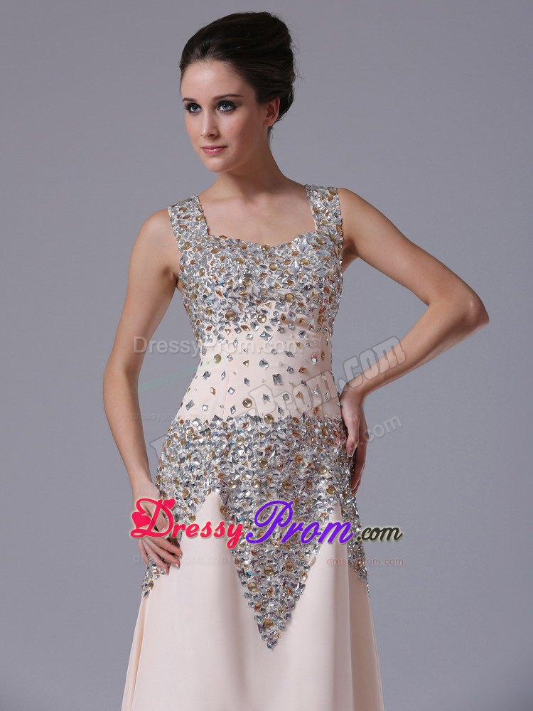 Champagne Chiffon Rhinestones Prom Gowns with Square Neck