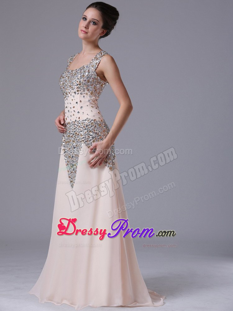Champagne Chiffon Rhinestones Prom Gowns with Square Neck