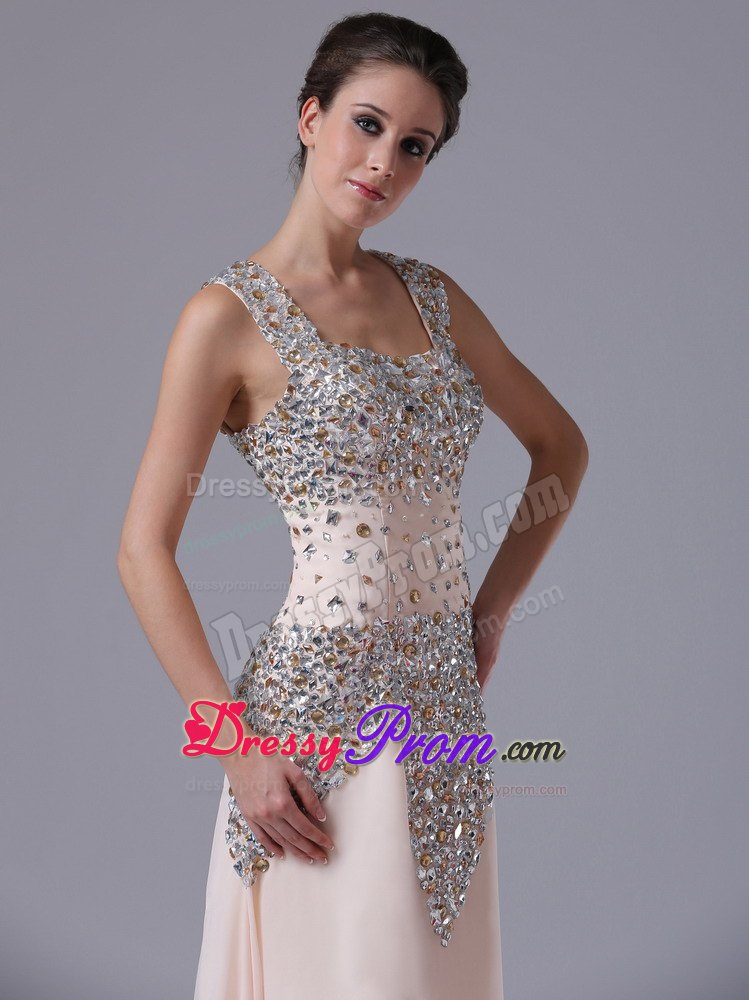 Champagne Chiffon Rhinestones Prom Gowns with Square Neck