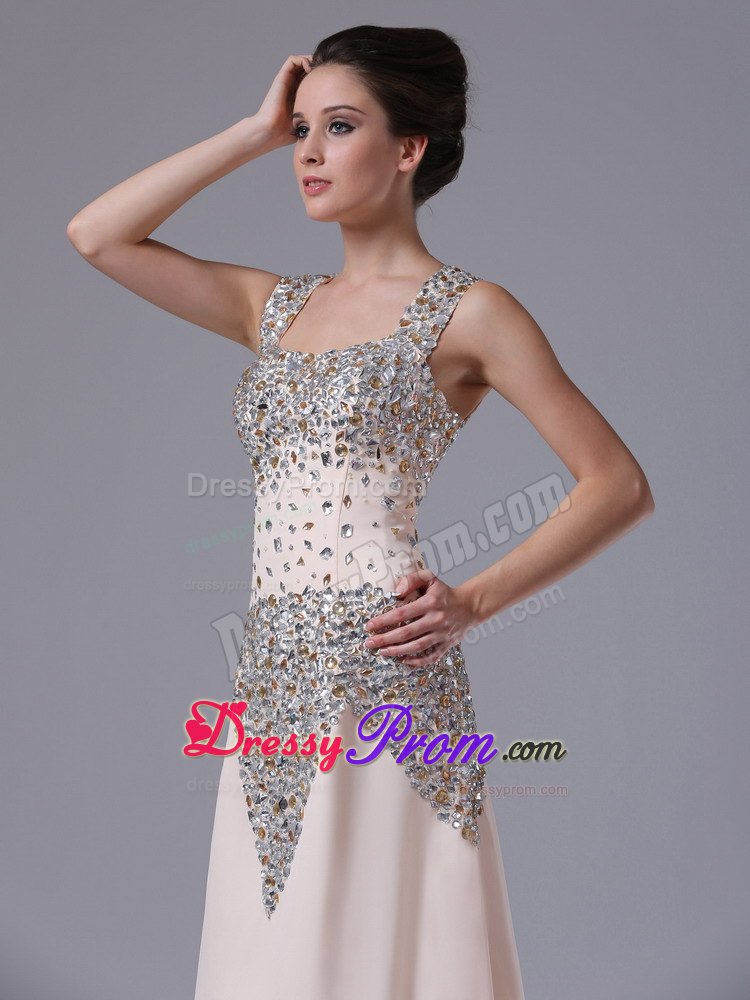 Champagne Chiffon Rhinestones Prom Gowns with Square Neck