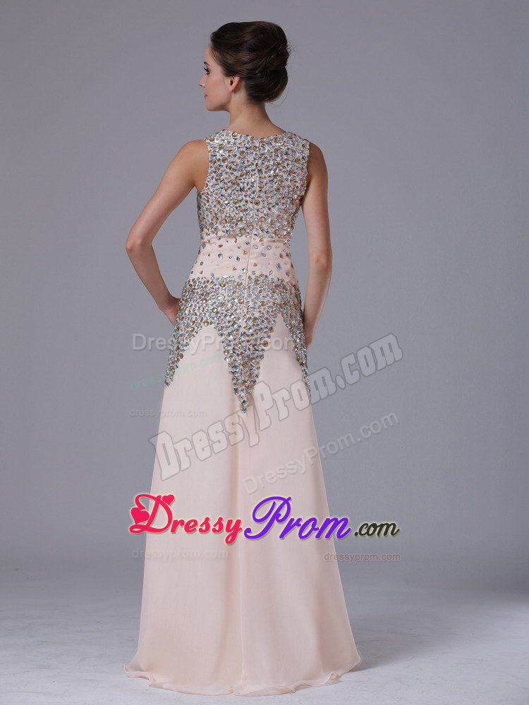 Champagne Chiffon Rhinestones Prom Gowns with Square Neck