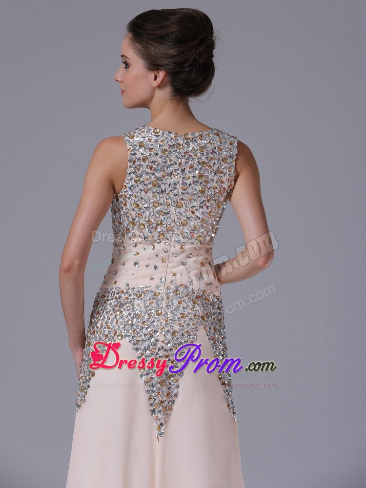 Champagne Chiffon Rhinestones Prom Gowns with Square Neck
