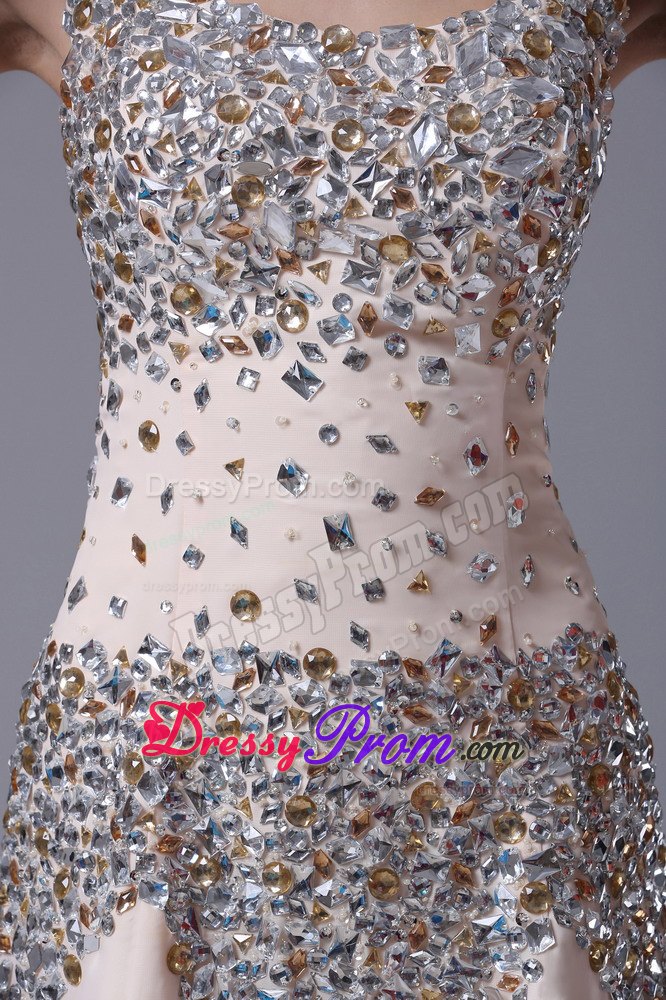 Champagne Chiffon Rhinestones Prom Gowns with Square Neck