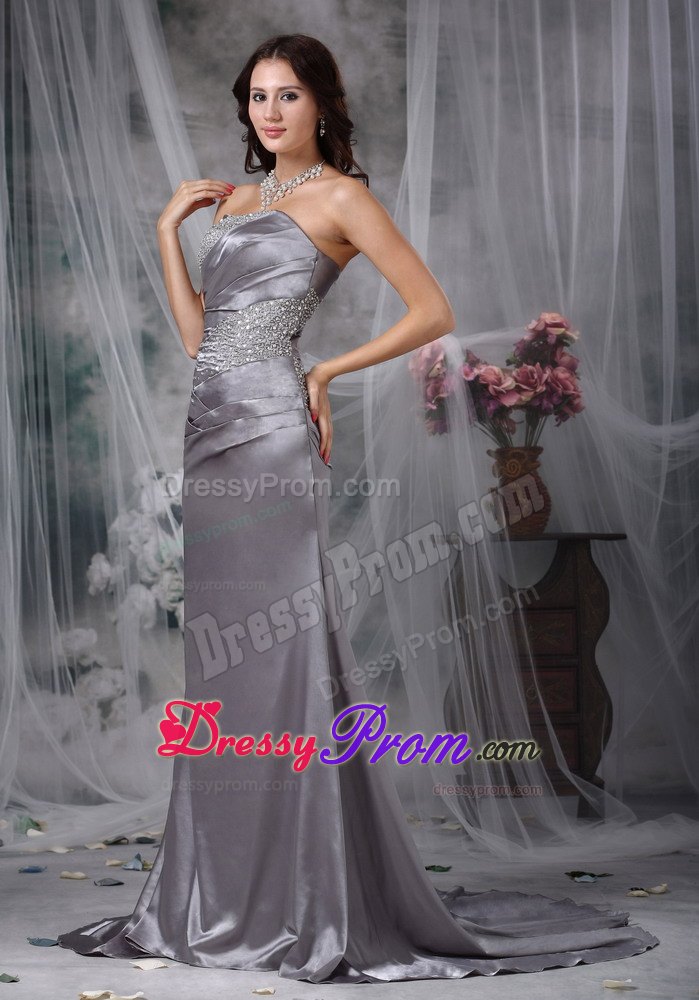 Ruching Beading Court Train Prom Holiday Dress in Gray Color 2014