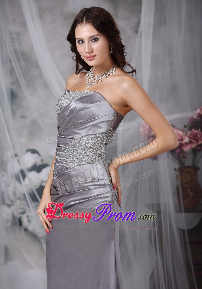Ruching Beading Court Train Prom Holiday Dress in Gray Color 2014