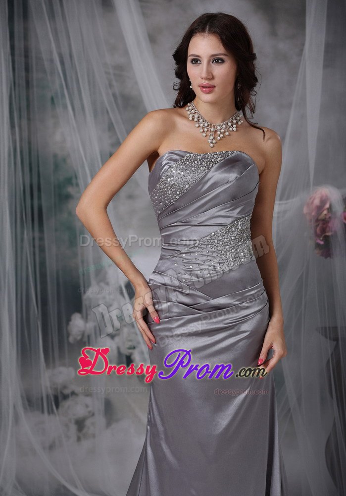 Ruching Beading Court Train Prom Holiday Dress in Gray Color 2014