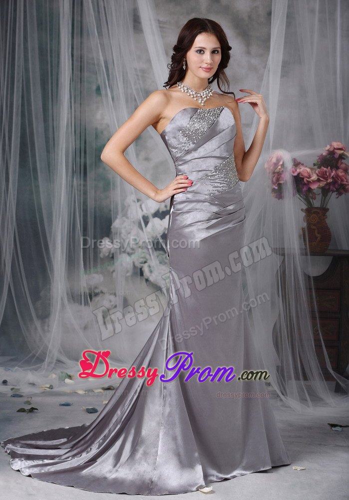 Ruching Beading Court Train Prom Holiday Dress in Gray Color 2014