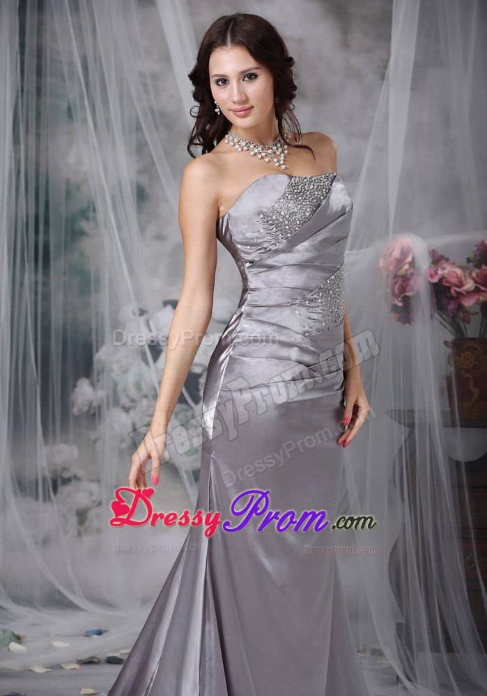 Ruching Beading Court Train Prom Holiday Dress in Gray Color 2014