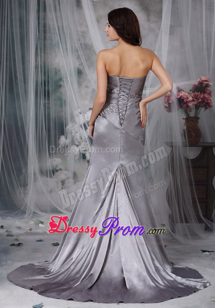 Ruching Beading Court Train Prom Holiday Dress in Gray Color 2014