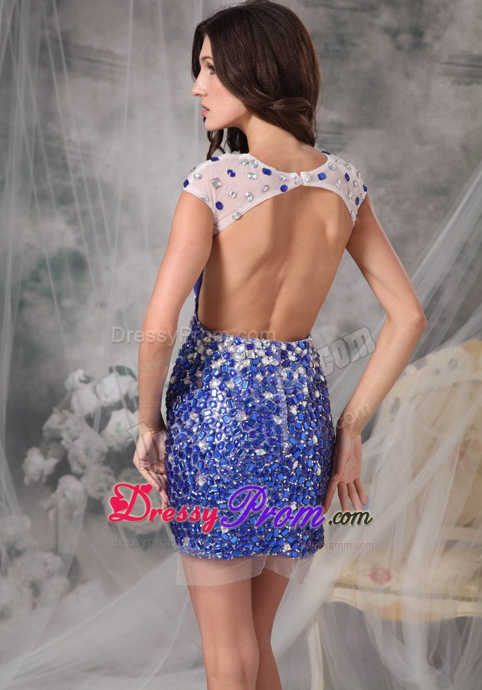 Blue Scoop Mini Prom Evening Dresses with Rhinestones Over Skirt