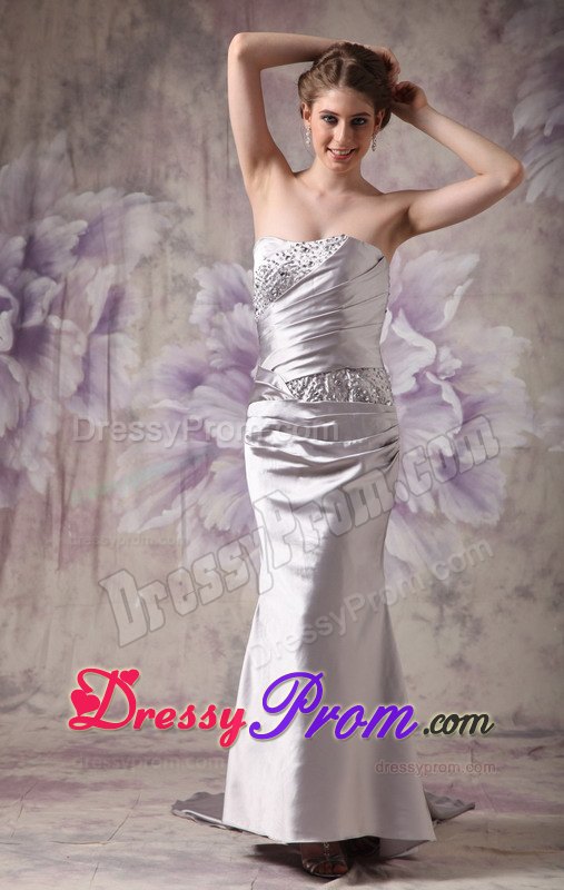 Beaded and Ruched Silver Prom Evening Dresses with Brush Train
