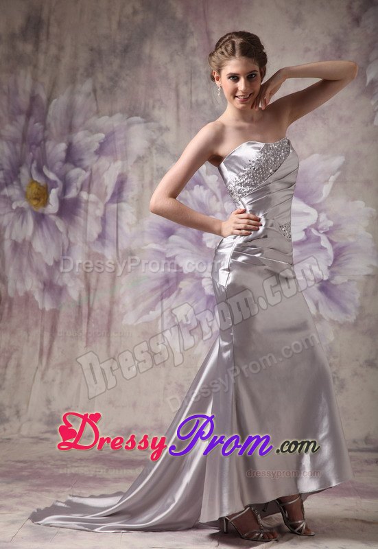 Beaded and Ruched Silver Prom Evening Dresses with Brush Train