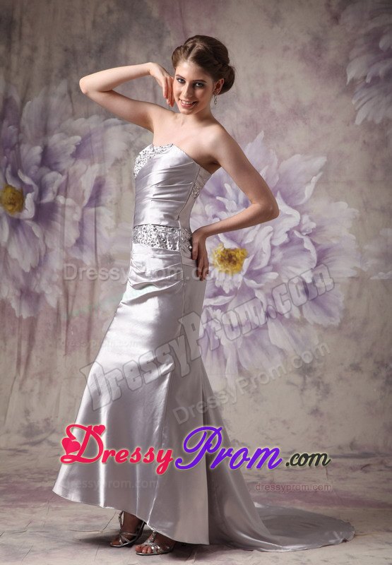 Beaded and Ruched Silver Prom Evening Dresses with Brush Train