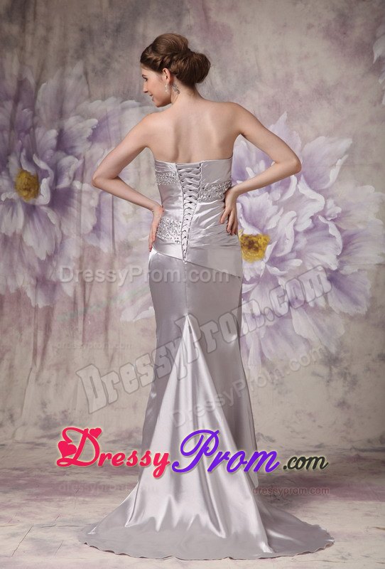 Beaded and Ruched Silver Prom Evening Dresses with Brush Train