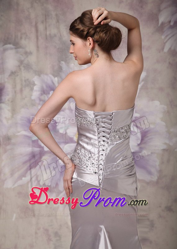 Beaded and Ruched Silver Prom Evening Dresses with Brush Train