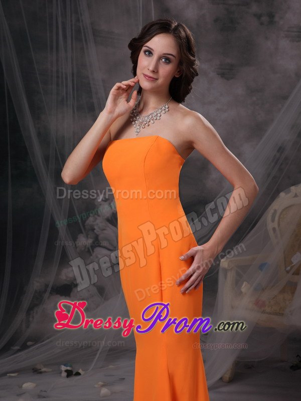 Simple Orange Strapless Column Prom Evening Dress of Floor Length