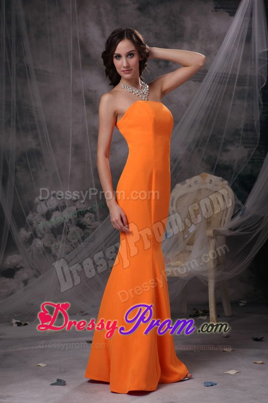 Simple Orange Strapless Column Prom Evening Dress of Floor Length