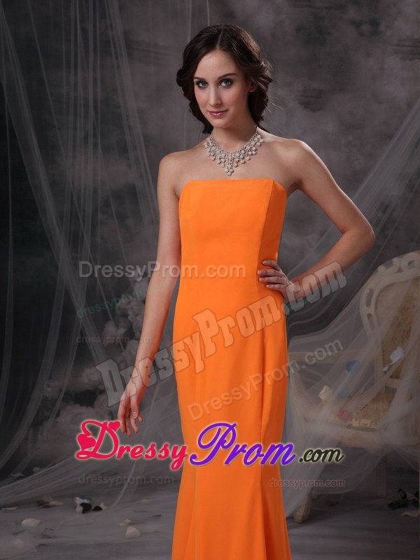 Simple Orange Strapless Column Prom Evening Dress of Floor Length