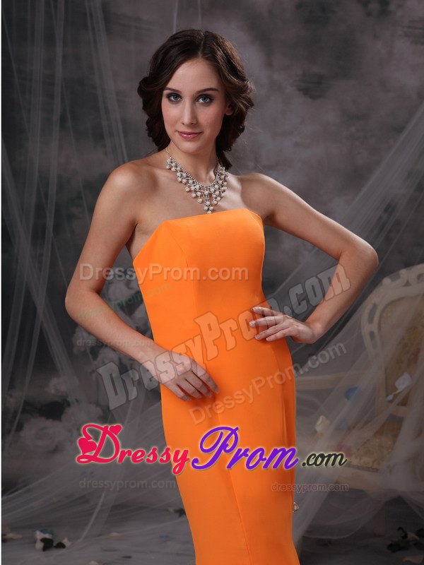 Simple Orange Strapless Column Prom Evening Dress of Floor Length